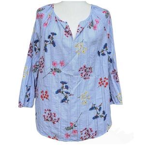 Tribal Jeans Floral Print Blue White Striped Round Split Neck Blouse Top Size L